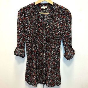 KAii Women’s Black Floral Roll up Sleeve Button up Tie Waist Blouse Size Medium